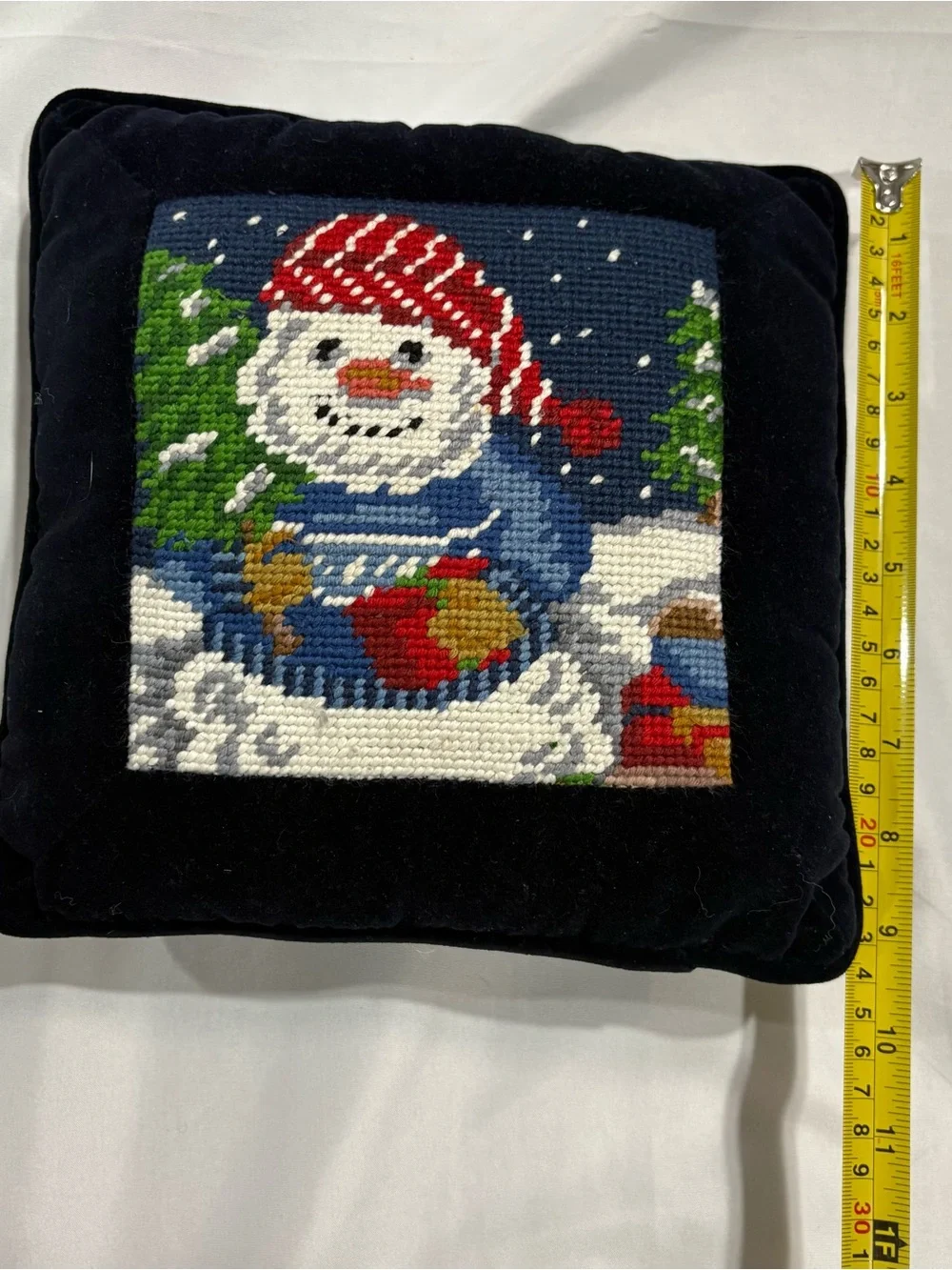 VTG Needlepoint Wool Velvet Tapestry Throw Pillow Christmas Snowman 10”x10”